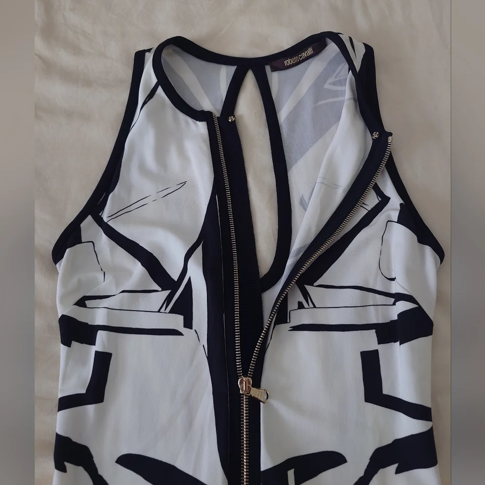 FLAW Zip-up ROBERTO CAVALLI Runway Leaves Print Black White Short Dress Mini 38 - Picture 9 of 16
